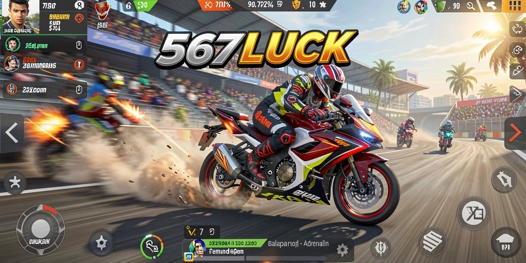 Screenshot gameplay 567LUCK yang menampilkan motor balap dalam aksi.