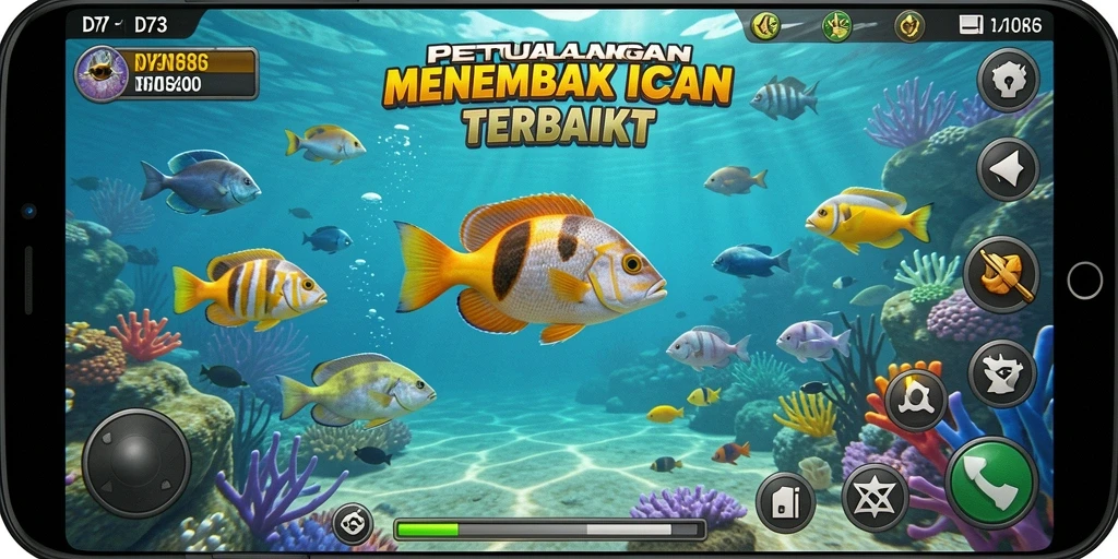 Screenshot utama D73 menampilkan aksi seru menembak ikan di bawah laut.
