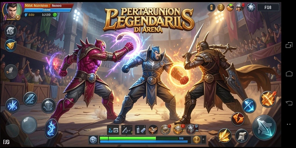 Screenshot gameplay F08 menampilkan pertarungan epik di arena.
