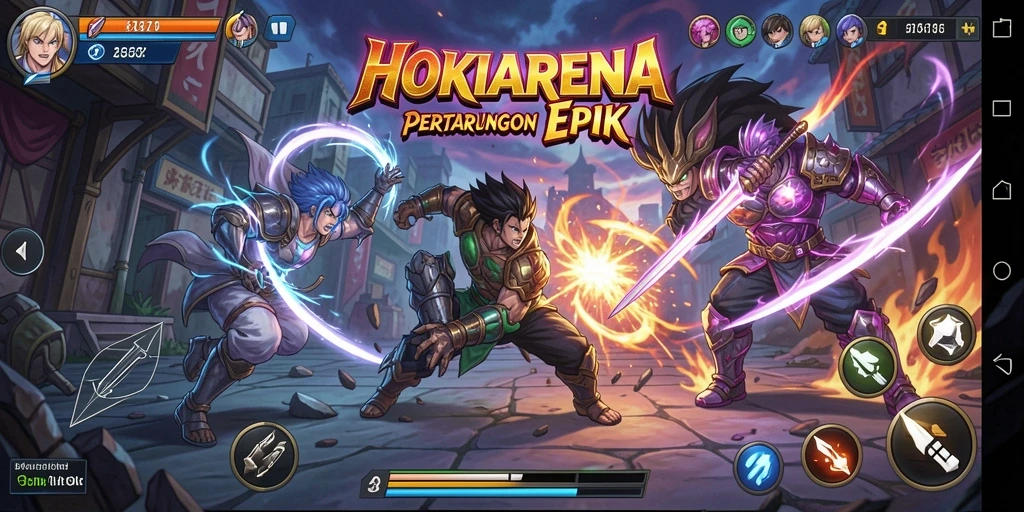 Tangkapan layar gameplay HOKIARENA menampilkan pertarungan karakter Anime yang seru.