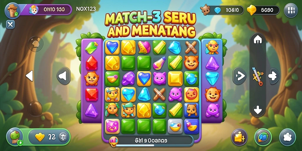 Gameplay seru NOX123 dengan berbagai kombinasi match-3.