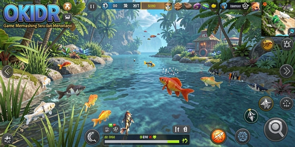 Screenshot gameplay OKIDR dengan tampilan menangkap ikan di laut.
