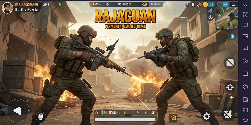 Gameplay seru di RAJACUAN saat bertarung di medan perang.