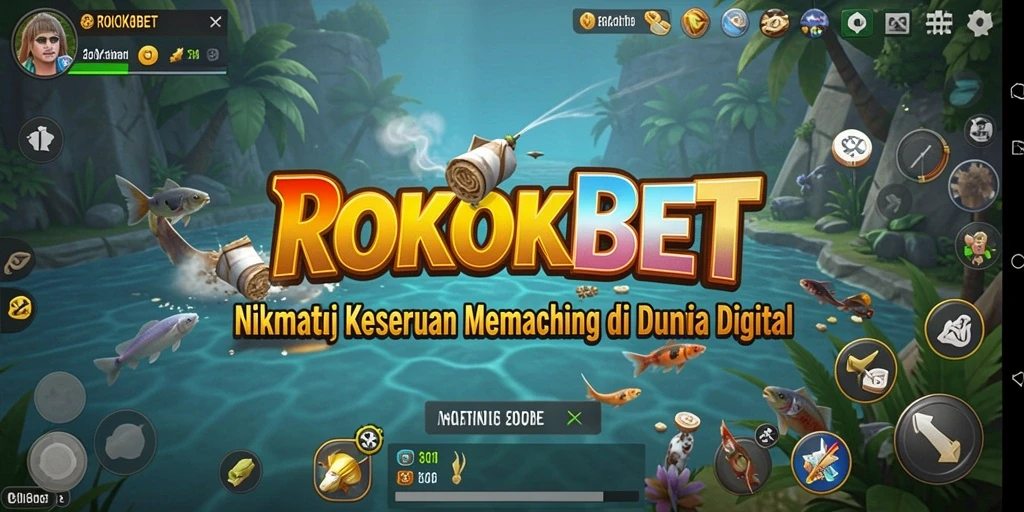 Screenshot utama ROKOKBET menampilkan gameplay memancing yang seru dan penuh warna.